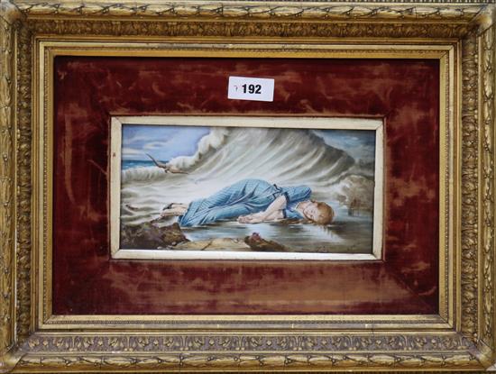 A porcelain plaque depicting a shipwrecked child by A.S. Spink, 14 x 29cms